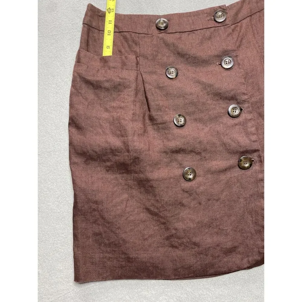 Focus 2000 Women Size 12 Brown‎ Linen Wrap Skirt Accent Buttons Lined Lagenlook
